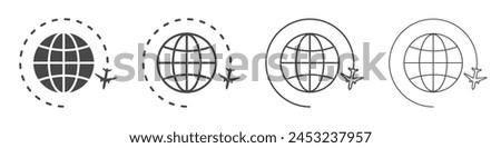 Set of travel icon with plane and planet. World or international travel, airplane fly around the earth. Globe symbol, planet earth. Vector. EPS10.