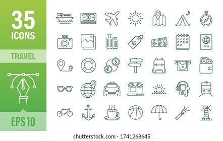 Stellen Sie das Reisesymbol für Webdesign ein. Symbol für Unternehmen. Vektor-Bestandsdarstellung