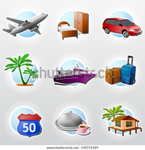 Set of travel\
icons. Collection of colored icons for tourism and vacation.\
Qualitative vector (EPS-10) symbols about travel, tourism,\
vacation, trip, booking,\
etc
