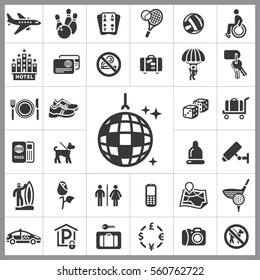 Set of Travel Icons. Contains such Icons as Camera, Plate, Hotel, Travel Case, Airplane, Passport, Security, Sports and more. Editable Vector. Pixel Perfect.