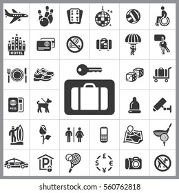 Set of Travel Icons. Contains such Icons as Camera, Plate, Hotel, Travel Case, Airplane, Passport, Security, Sports and more. Editable Vector. Pixel Perfect.