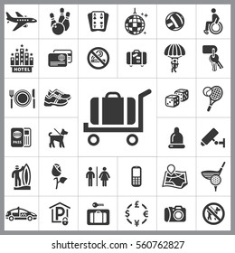 Set of Travel Icons. Contains such Icons as Camera, Plate, Hotel, Travel Case, Airplane, Passport, Security, Sports and more. Editable Vector. Pixel Perfect.
