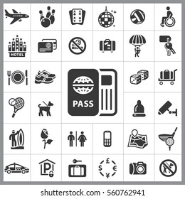 Set of Travel Icons. Contains such Icons as Camera, Plate, Hotel, Travel Case, Airplane, Passport, Security, Sports and more. Editable Vector. Pixel Perfect.
