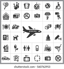Set of Travel Icons. Contains such Icons as Camera, Plate, Hotel, Travel Case, Airplane, Passport, Security, Sports and more. Editable Vector. Pixel Perfect.