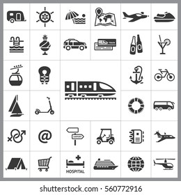 Set of Travel Icons. Contains such Icons as Life Buoy, Ice-Cream, Coctail, Train, Helicopter, Boat, Scooter, Shopping Card and more. Editable Vector. Pixel Perfect.