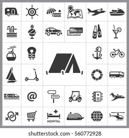 Set of Travel Icons. Contains such Icons as Life Buoy, Ice-Cream, Coctail, Train, Helicopter, Boat, Scooter, Shopping Card and more. Editable Vector. Pixel Perfect.
