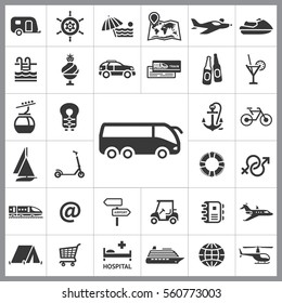 Set of Travel Icons. Contains such Icons as Life Buoy, Ice-Cream, Coctail, Train, Helicopter, Boat, Scooter, Shopping Card and more. Editable Vector. Pixel Perfect.