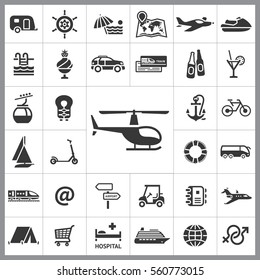 Set of Travel Icons. Contains such Icons as Life Buoy, Ice-Cream, Coctail, Train, Helicopter, Boat, Scooter, Shopping Card and more. Editable Vector. Pixel Perfect.