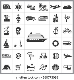 Set of Travel Icons. Contains such Icons as Life Buoy, Ice-Cream, Coctail, Train, Helicopter, Boat, Scooter, Shopping Card and more. Editable Vector. Pixel Perfect.
