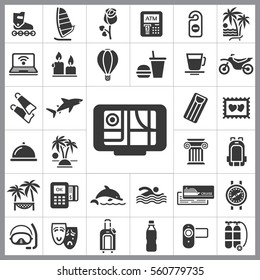 Set of Travel Icons. Contains such Icons as Shark, Fastfood, Palm, Tropical Island, Ticket, Air Ballon, Swimming, Diving Equipment and more. Editable Vector. Pixel Perfect.