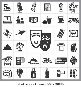 Set of Travel Icons. Contains such Icons as Shark, Fastfood, Palm, Tropical Island, Ticket, Air Ballon, Swimming, Diving Equipment and more. Editable Vector. Pixel Perfect.