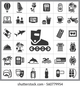 Set of Travel Icons. Contains such Icons as Shark, Fastfood, Palm, Tropical Island, Ticket, Air Ballon, Swimming, Diving Equipment and more. Editable Vector. Pixel Perfect.