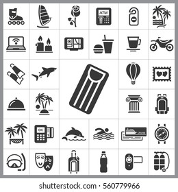 Set of Travel Icons. Contains such Icons as Shark, Fastfood, Palm, Tropical Island, Ticket, Air Ballon, Swimming, Diving Equipment and more. Editable Vector. Pixel Perfect.