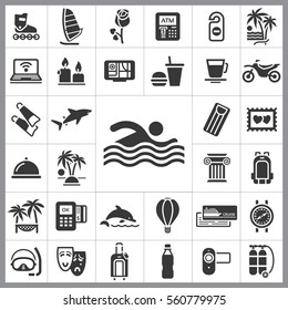 Set of Travel Icons. Contains such Icons as Shark, Fastfood, Palm, Tropical Island, Ticket, Air Ballon, Swimming, Diving Equipment and more. Editable Vector. Pixel Perfect.