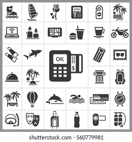 Set of Travel Icons. Contains such Icons as Shark, Fastfood, Palm, Tropical Island, Ticket, Air Ballon, Swimming, Diving Equipment and more. Editable Vector. Pixel Perfect.