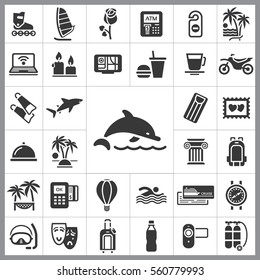 Set of Travel Icons. Contains such Icons as Shark, Fastfood, Palm, Tropical Island, Ticket, Air Ballon, Swimming, Diving Equipment and more. Editable Vector. Pixel Perfect.