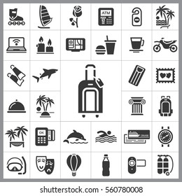 Set of Travel Icons. Contains such Icons as Shark, Fastfood, Palm, Tropical Island, Ticket, Air Ballon, Swimming, Diving Equipment and more. Editable Vector. Pixel Perfect.