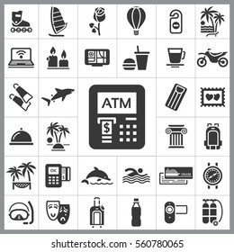 Set of Travel Icons. Contains such Icons as Shark, Fastfood, Palm, Tropical Island, Ticket, Air Ballon, Swimming, Diving Equipment and more. Editable Vector. Pixel Perfect.