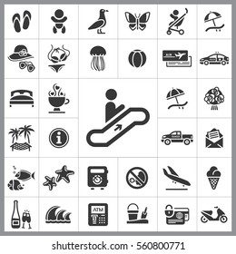 Set of Travel Icons. Contains such Icons as Wave, Plane, Medusa, Ticket, Beach Ball, Ice-Cream, Car, Beach Umbrella and more. Editable Vector. Pixel Perfect.