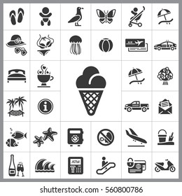 Set of Travel Icons. Contains such Icons as Wave, Plane, Medusa, Ticket, Beach Ball, Ice-Cream, Car, Beach Umbrella and more. Editable Vector. Pixel Perfect.