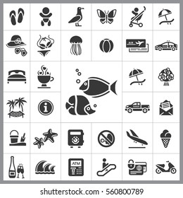Set of Travel Icons. Contains such Icons as Wave, Plane, Medusa, Ticket, Beach Ball, Ice-Cream, Car, Beach Umbrella and more. Editable Vector. Pixel Perfect.