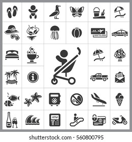 Set of Travel Icons. Contains such Icons as Wave, Plane, Medusa, Ticket, Beach Ball, Ice-Cream, Car, Beach Umbrella and more. Editable Vector. Pixel Perfect.