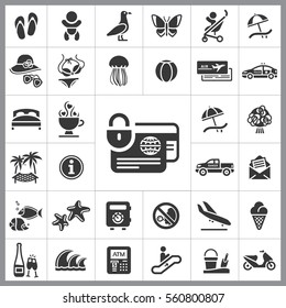 Set of Travel Icons. Contains such Icons as Wave, Plane, Medusa, Ticket, Beach Ball, Ice-Cream, Car, Beach Umbrella and more. Editable Vector. Pixel Perfect.