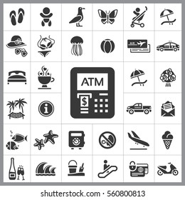 Set of Travel Icons. Contains such Icons as Wave, Plane, Medusa, Ticket, Beach Ball, Ice-Cream, Car, Beach Umbrella and more. Editable Vector. Pixel Perfect.