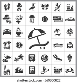 Set of Travel Icons. Contains such Icons as Wave, Plane, Medusa, Ticket, Beach Ball, Ice-Cream, Car, Beach Umbrella and more. Editable Vector. Pixel Perfect.