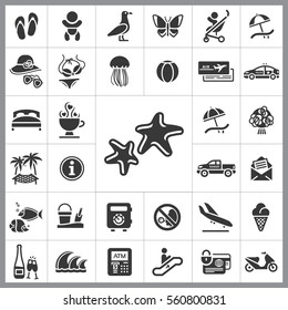 Set of Travel Icons. Contains such Icons as Wave, Plane, Medusa, Ticket, Beach Ball, Ice-Cream, Car, Beach Umbrella and more. Editable Vector. Pixel Perfect.