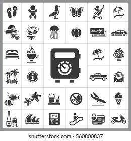 Set of Travel Icons. Contains such Icons as Wave, Plane, Medusa, Ticket, Beach Ball, Ice-Cream, Car, Beach Umbrella and more. Editable Vector. Pixel Perfect.