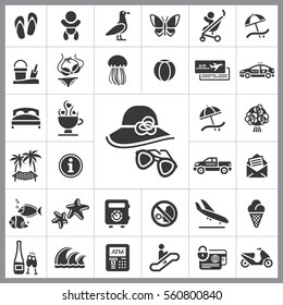Set of Travel Icons. Contains such Icons as Wave, Plane, Medusa, Ticket, Beach Ball, Ice-Cream, Car, Beach Umbrella and more. Editable Vector. Pixel Perfect.