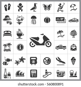 Set of Travel Icons. Contains such Icons as Wave, Plane, Medusa, Ticket, Beach Ball, Ice-Cream, Car, Beach Umbrella and more. Editable Vector. Pixel Perfect.