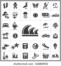 Set of Travel Icons. Contains such Icons as Wave, Plane, Medusa, Ticket, Beach Ball, Ice-Cream, Car, Beach Umbrella and more. Editable Vector. Pixel Perfect.