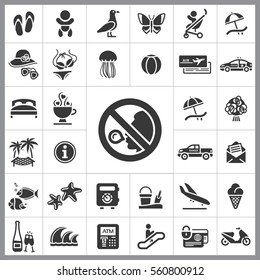 Set of Travel Icons. Contains such Icons as Wave, Plane, Medusa, Ticket, Beach Ball, Ice-Cream, Car, Beach Umbrella and more. Editable Vector. Pixel Perfect.