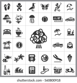 Set of Travel Icons. Contains such Icons as Wave, Plane, Medusa, Ticket, Beach Ball, Ice-Cream, Car, Beach Umbrella and more. Editable Vector. Pixel Perfect.