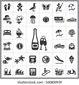 Set of Travel Icons. Contains such Icons as Wave, Plane, Medusa, Ticket, Beach Ball, Ice-Cream, Car, Beach Umbrella and more. Editable Vector. Pixel Perfect.