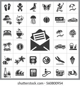 Set of Travel Icons. Contains such Icons as Wave, Plane, Medusa, Ticket, Beach Ball, Ice-Cream, Car, Beach Umbrella and more. Editable Vector. Pixel Perfect.