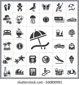 Set of Travel Icons. Contains such Icons as Wave, Plane, Medusa, Ticket, Beach Ball, Ice-Cream, Car, Beach Umbrella and more. Editable Vector. Pixel Perfect.
