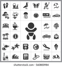 Set of Travel Icons. Contains such Icons as Wave, Plane, Medusa, Ticket, Beach Ball, Ice-Cream, Car, Beach Umbrella and more. Editable Vector. Pixel Perfect.