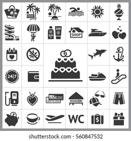 Set of Travel Icons. Contains such Icons as Jetsky, Gas, Wallet, Cap and Sunglasses, Anchor, Shark, Gift, Heart and more. Editable Vector. Pixel Perfect.