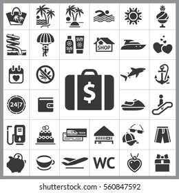 Set of Travel Icons. Contains such Icons as Jetsky, Gas, Wallet, Cap and Sunglasses, Anchor, Shark, Gift, Heart and more. Editable Vector. Pixel Perfect.