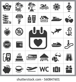 Set of Travel Icons. Contains such Icons as Jetsky, Gas, Wallet, Cap and Sunglasses, Anchor, Shark, Gift, Heart and more. Editable Vector. Pixel Perfect.