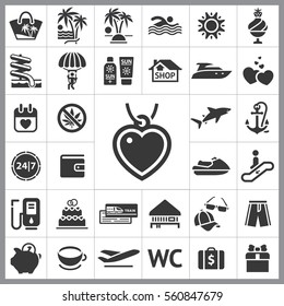 Set of Travel Icons. Contains such Icons as Jetsky, Gas, Wallet, Cap and Sunglasses, Anchor, Shark, Gift, Heart and more. Editable Vector. Pixel Perfect.