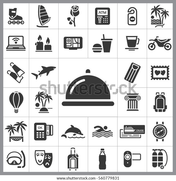 Set of Travel\
Icons. Contains such Icons as Shark, Fastfood, Palm, Tropical\
Island, Ticket, Air Ballon, Swimming, Diving Equipment and more.\
Editable Vector. Pixel\
Perfect.