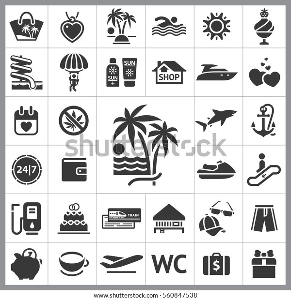 Set of Travel Icons. Contains such\
Icons as Jetsky, Gas, Wallet, Cap and Sunglasses, Anchor, Shark,\
Gift, Heart and more. Editable Vector. Pixel\
Perfect.