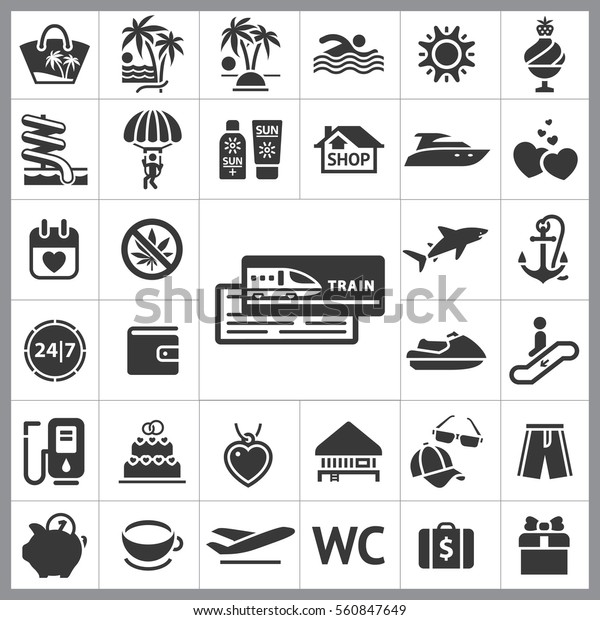 Set of Travel Icons. Contains such\
Icons as Jetsky, Gas, Wallet, Cap and Sunglasses, Anchor, Shark,\
Gift, Heart and more. Editable Vector. Pixel\
Perfect.