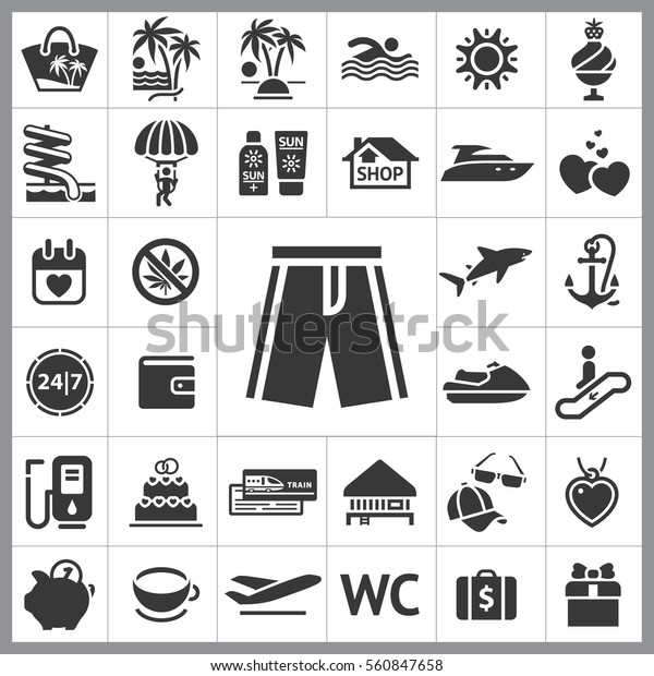 Set of Travel Icons. Contains such\
Icons as Jet ski, Gas, Wallet, Cap and Sunglasses, Anchor, Shark,\
Gift, Heart and more. Editable Vector. Pixel\
Perfect.