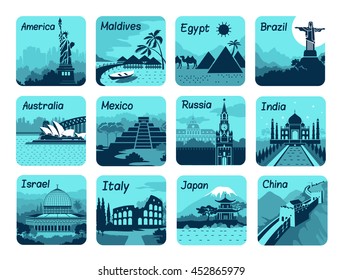 Set of travel icons with different countries of the world. Travel and tourism