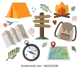Set of travel icons and elements on a white background, hiking and camping. Vector illustration. Summer elements for greeting cards, posters, stickers, seasonal design